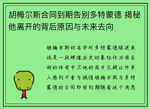 胡梅尔斯合同到期告别多特蒙德 揭秘他离开的背后原因与未来去向