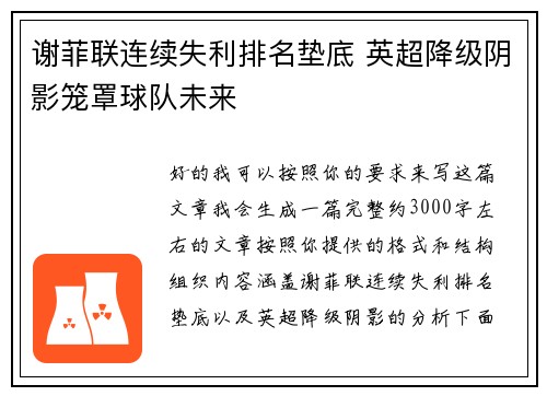 谢菲联连续失利排名垫底 英超降级阴影笼罩球队未来